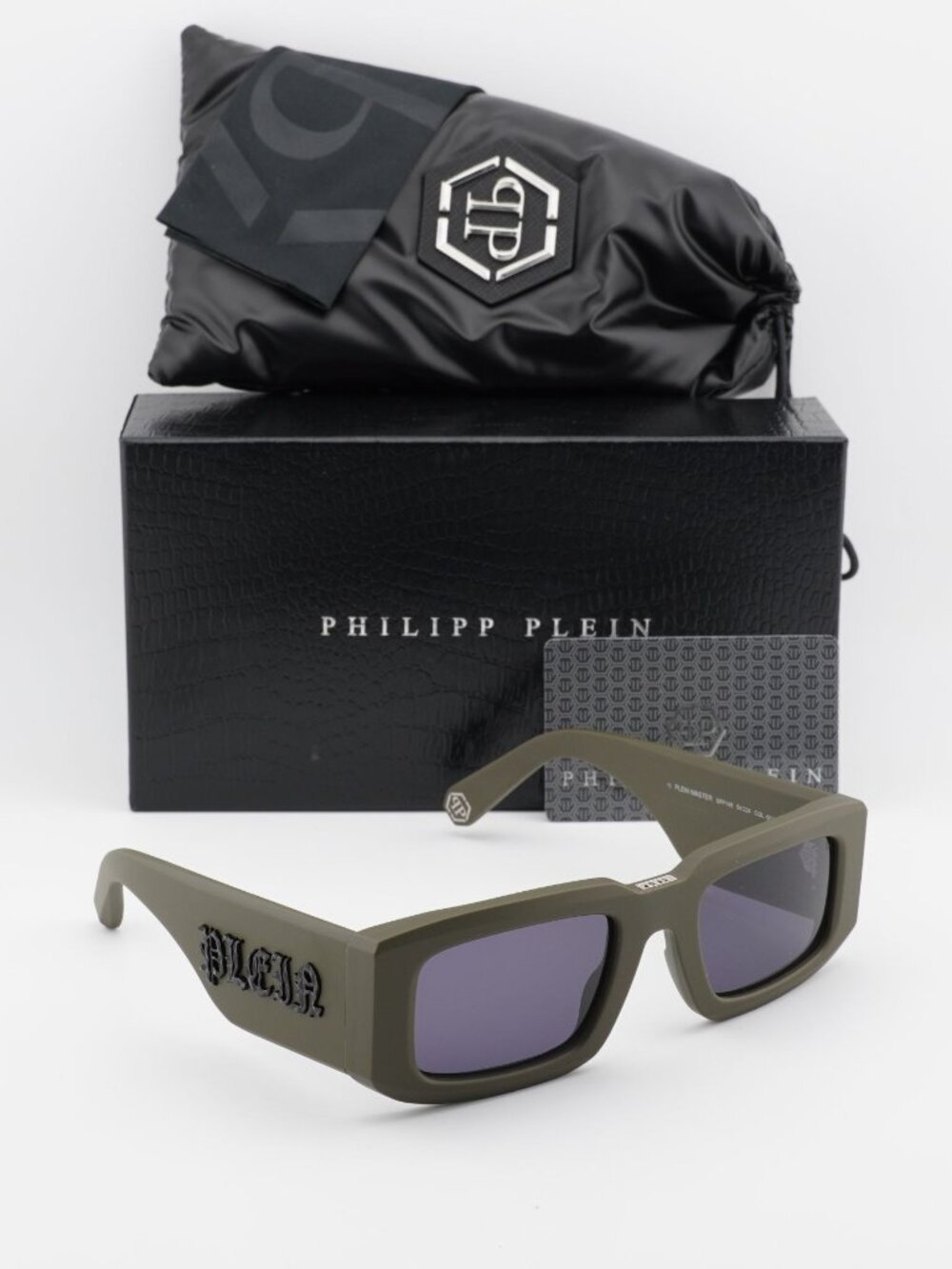 Philipp Plein SPP149 0C02 Unisex Sunglasses Green Rectangle Frame, Blue Lenses